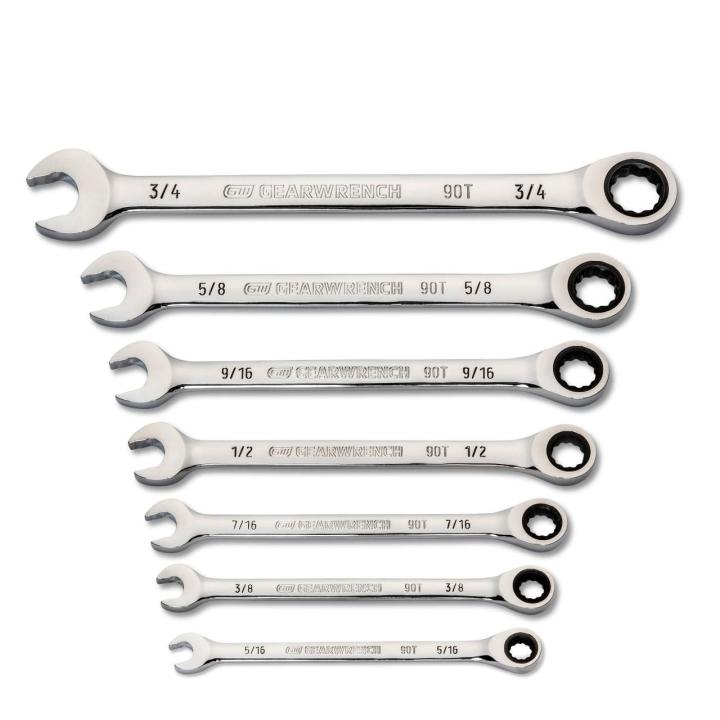 Image of the 7 Piece 90-Tooth 12 Point SAE Ratcheting Combination Wrench Set on a white background