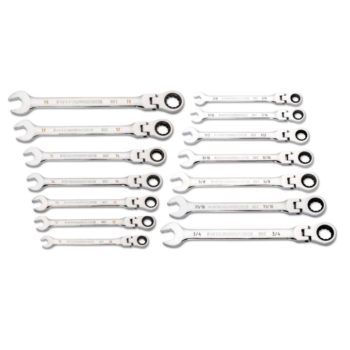 Image of the 14 Piece 90-Tooth 12 Point SAE/Metric Flex Head Ratcheting Combination Wrench Set on a white background
