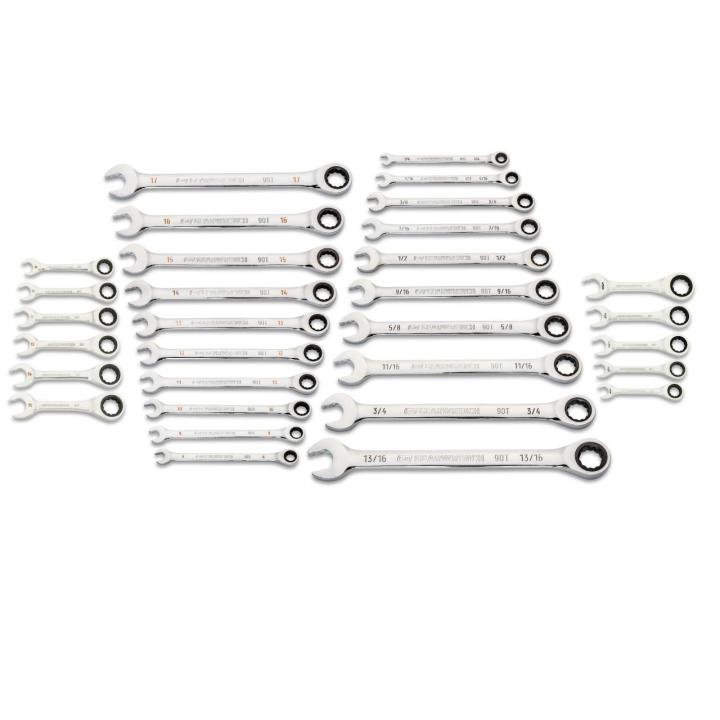 Image of the 31 Piece 90-Tooth 12 Point SAE/Metric Standard/Stubby Combination Ratcheting Wrench Set on a white background