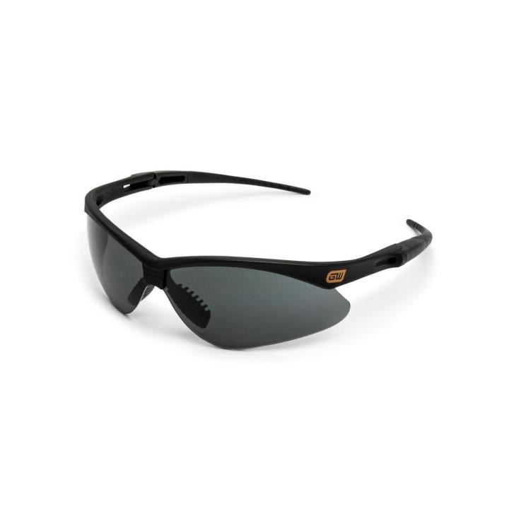 Image of the GEARWRENCH  GWSGT Black Frame Safety Glasses - Tinted Lenses on a white background with the lenses angled towards the lower left side