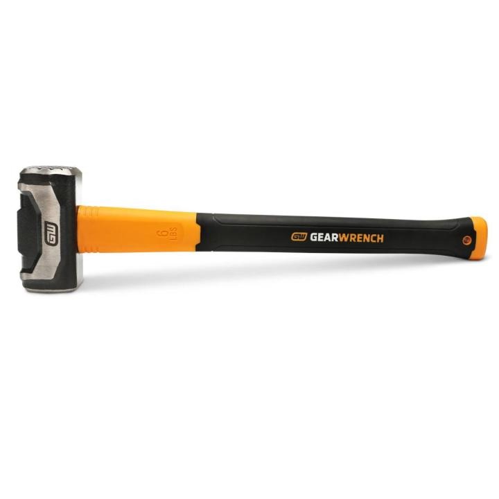 Image of the GERWRENCH 6 lb. 20 Fiberglass Sledgehammer with the head towards the left side of the image and the orange and black handle towards the right side