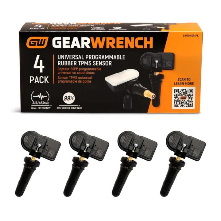GWTPMSR4PK package with 4 GWTPMSR TPMS sensors under the package on a white background