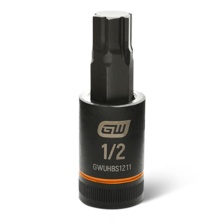 Image of the GEARWRENCH GWUHBS1211 black hex bit socket with the size and part number indicated on the front on a white background