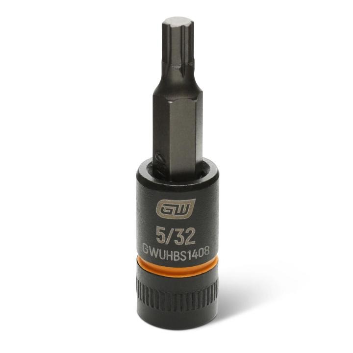 Image of the GEARWRENCH GWUHBS1408 black hex bit socket with the size and part number indicated on the front on a white background