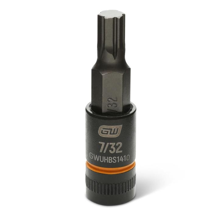 Image of the GEARWRENCH GWUHBS1410 black hex bit socket with the size and part number indicated on the front on a white background