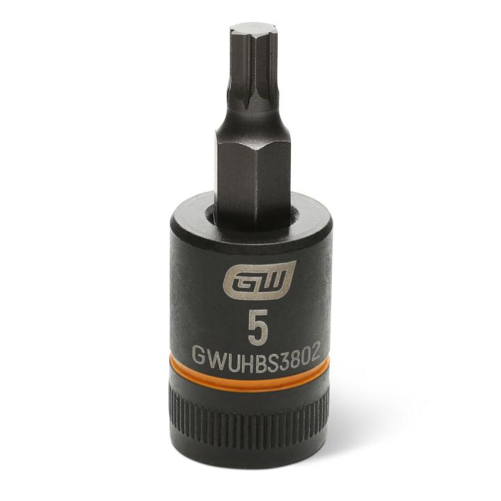 Image of the GEARWRENCH GWUHBS3802 black hex bit socket with the size and part number indicated on the front on a white background
