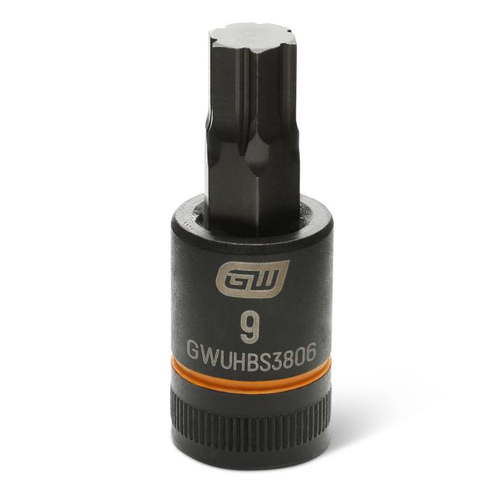 Image of the GEARWRENCH GWUHBS3806 black hex bit socket with the size and part number indicated on the front on a white background