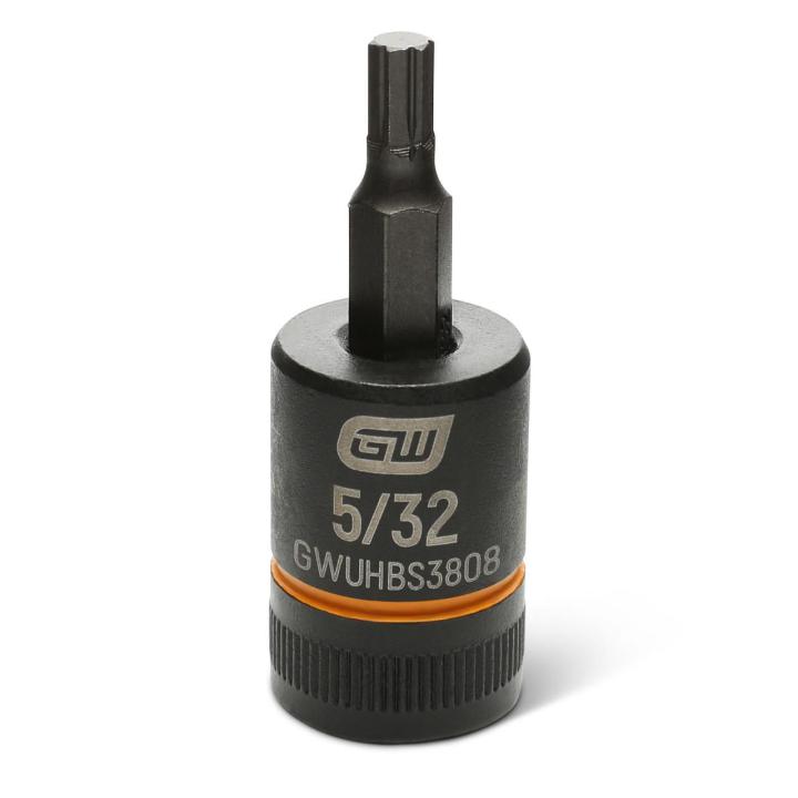 Image of the GEARWRENCH GWUHBS3808 black hex bit socket with the size and part number indicated on the front on a white background