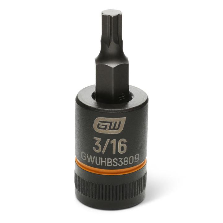 Image of the GEARWRENCH GWUHBS3809 black hex bit socket with the size and part number indicated on the front on a white background