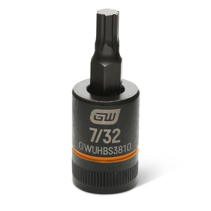 Image of the GEARWRENCH GWUHBS3810 black hex bit socket with the size and part number indicated on the front on a white background