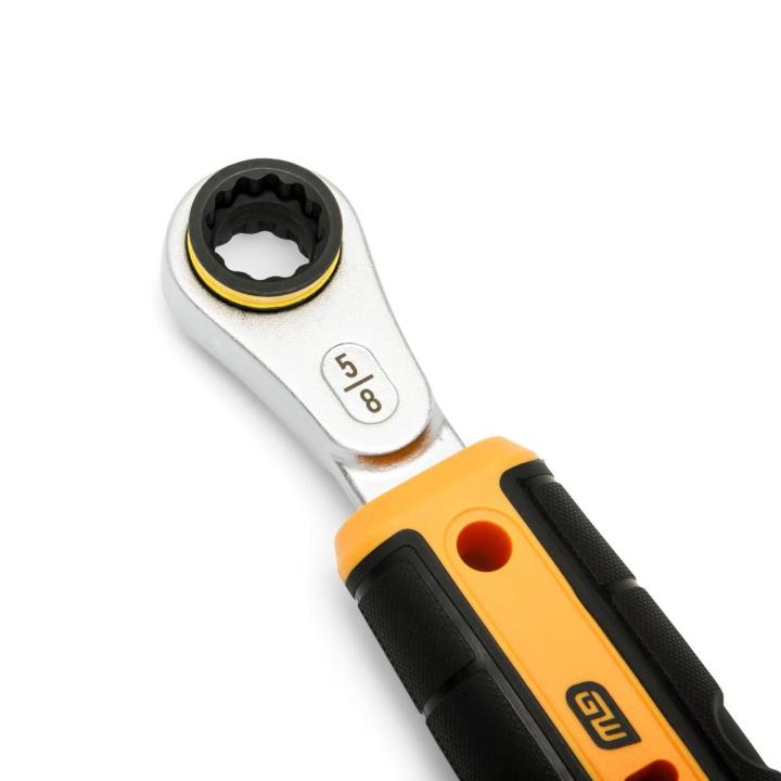 Close-up of GEARWRENCH ratcheting wrench head showing 90-tooth mechanism and color-coded socket end