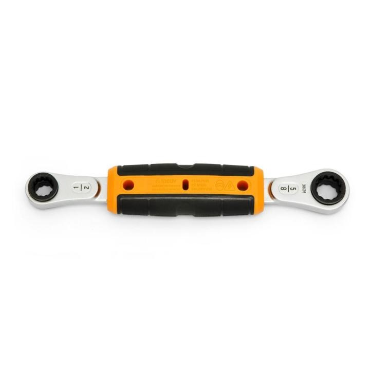 Double-ended GEARWRENCH ratcheting wrench featuring dual box ends and ergonomic orange-black grip handle