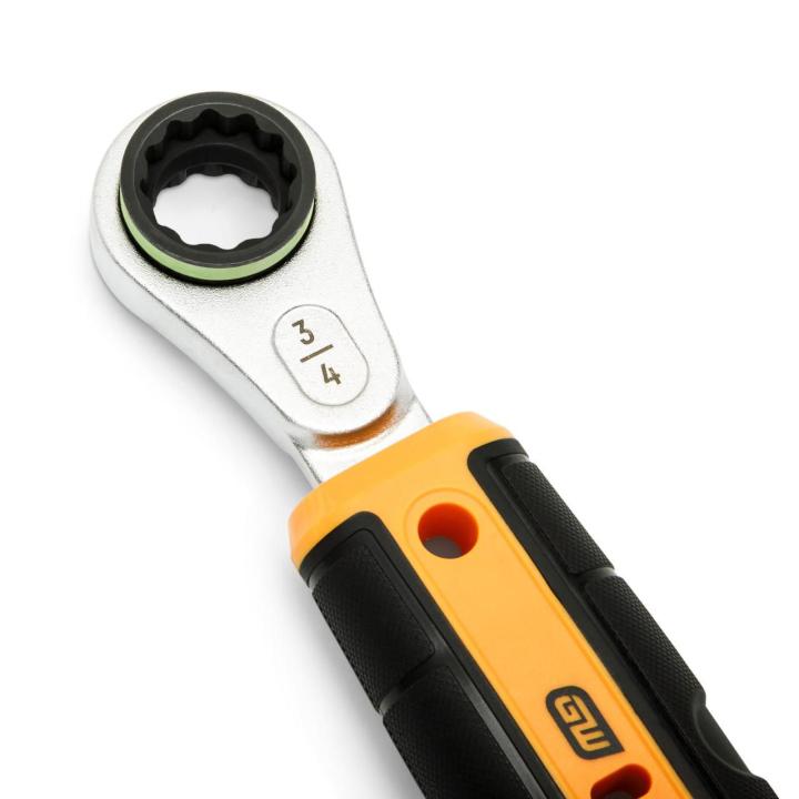 Detail view of GEARWRENCH insulated wrench ratchet head with yellow-black color identification