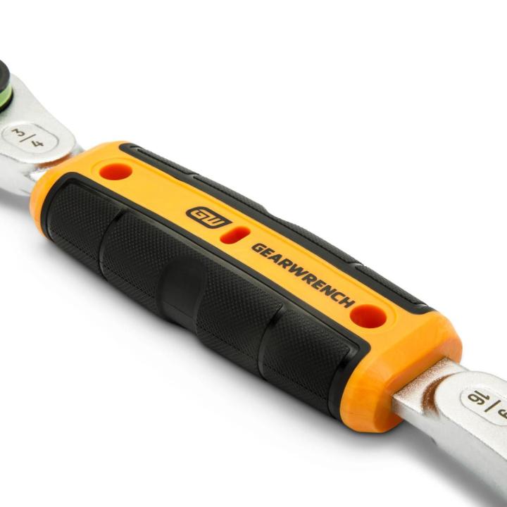 GEARWRENCH ergonomic handle close-up showing overmolded grip with branding and textured design