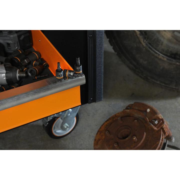 Image of a couple of GEARWRENCH hex bit sockets in the bottom of an orange cart