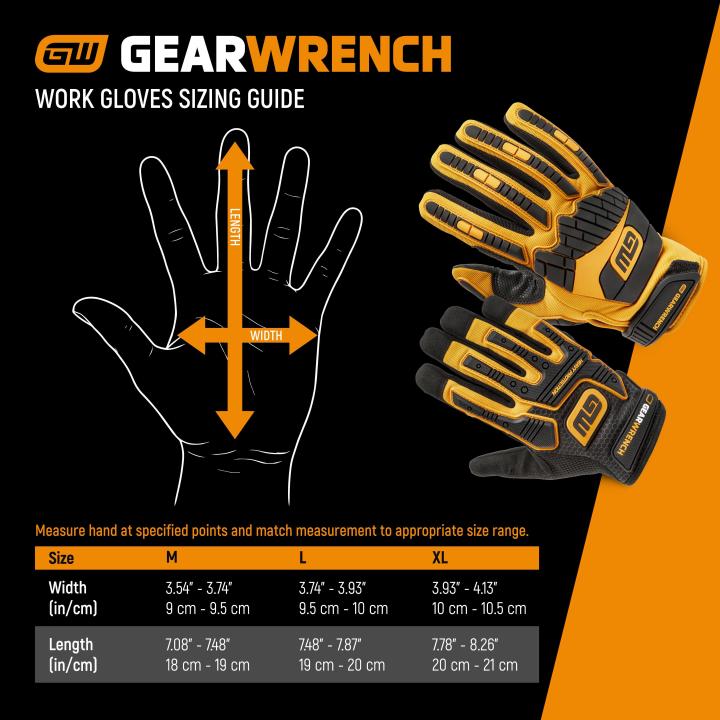 Infographic for the GEARWRENCH Safety gloves showing a size chart for the gloves