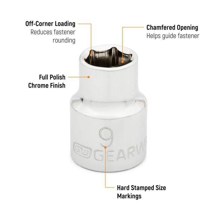 E-Graphic image of a 6 point chrome socket describing its off corner loading reducing fastener rounding, chamfered opening, full polished chrome finish and hard stamped size markings.