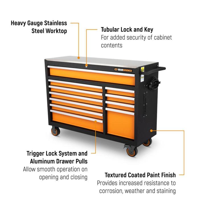 Black and orange GEARWRENCH rolling tool cabinet with 11 drawers, stainless steel worktop and casters. Callouts highlight the tubular lock and key, trigger-lock drawers with aluminum pulls, and textured coated finish.