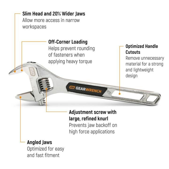Text on Image for the 8 Chrome Adjustable Wrench explaining it features such as slim head and 20% wider jaws, optimized handle cutouts reducing weight, angled jaws and adjustment screw with large refined knurl.