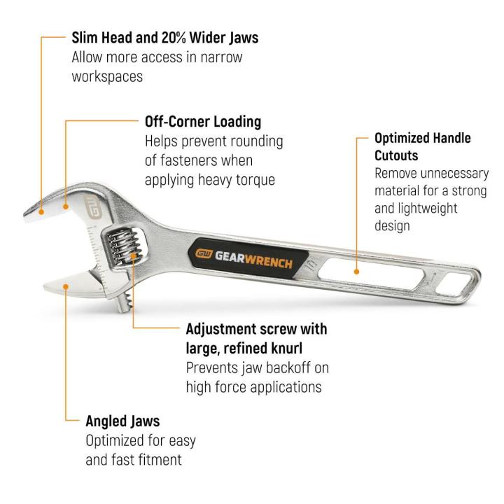 Text on Image for the 10 Chrome Adjustable Wrench explaining it features such as slim head and 20% wider jaws, optimized handle cutouts reducing weight, angled jaws and adjustment screw with large refined knurl.