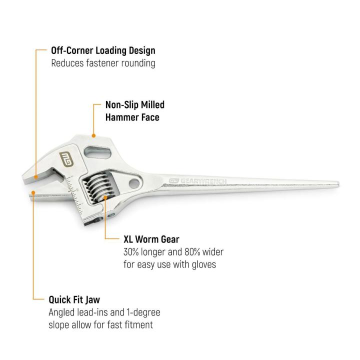 E-Graphic image of the Linesman Adjustable Spud Wrench describing the off loading design, non-slip milled hammer face, XL worm gear for easy use with gloves and the quick fit jaw