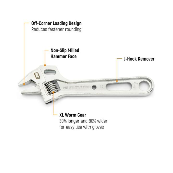 GEARWRENCH 10-inch Lineman Adjustable Wrench (GWAU310VS) shown in a professional product photo highlighting the full tool design.