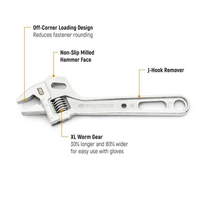 GEARWRENCH 12-inch Lineman Adjustable Wrench (GWAU312VS) shown in a professional product photo highlighting the full tool design.