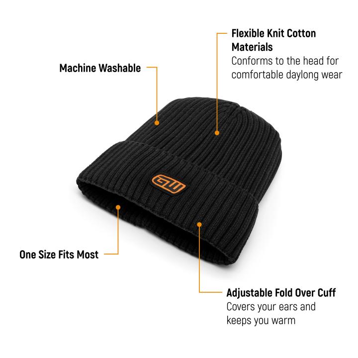 Image explaining the benefits of the black knitted cuffed beanies cotton material, adjustable fold over cuff and that its machine washable.
