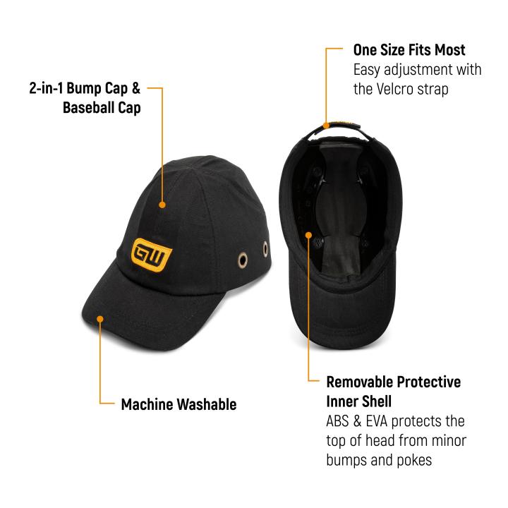 Image explaining the benefits for the baseball style bump caps removable protective inner shell, 2 in 1 bump cap and baseball cap, Velcro adjustment strap .