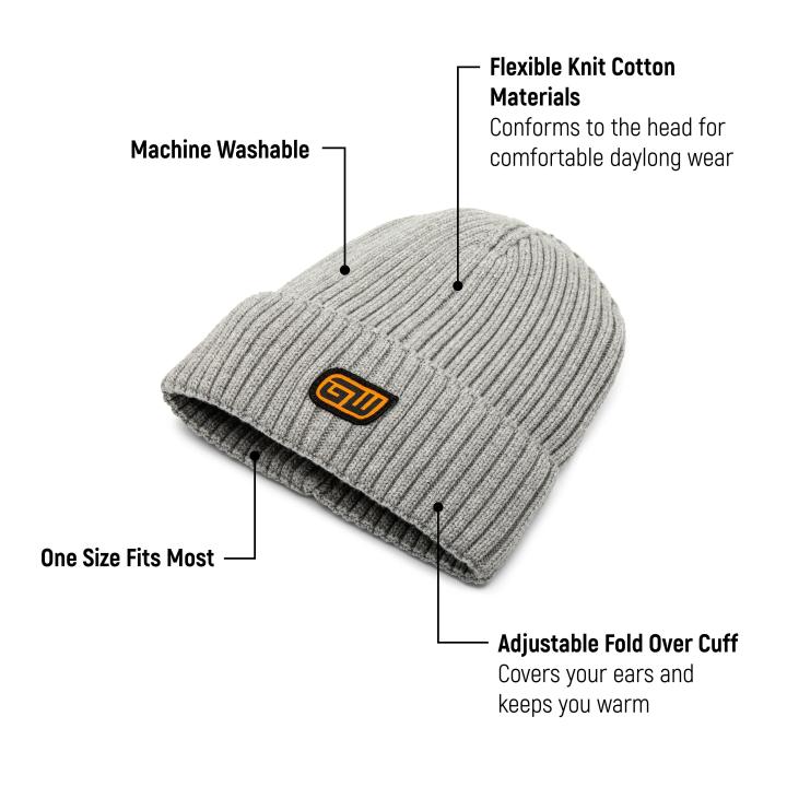 Image explaining the benefits of the grey knitted cuffed beanies cotton material, adjustable fold over cuff and that its machine washable