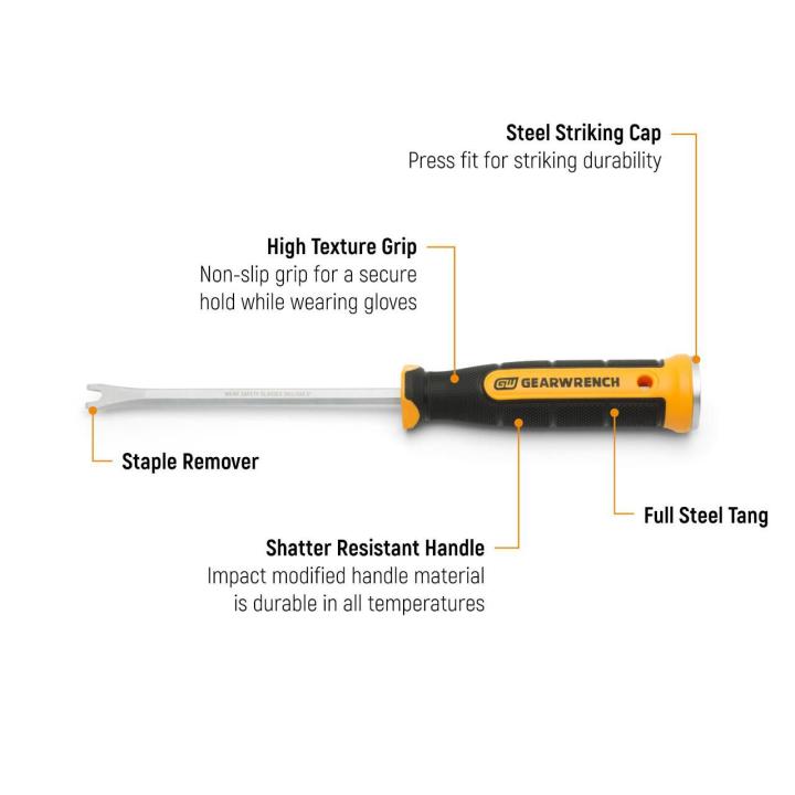 GEARWRENCH lineman staple remover infographic showing product features