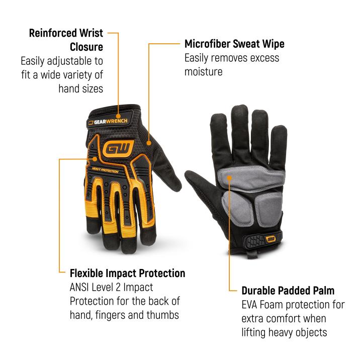 Image of the heavy impact work gloves explaining the features such as the reinforced wrist closure, microfiber sweat wipe, flexible impact protection and durable padded palm.