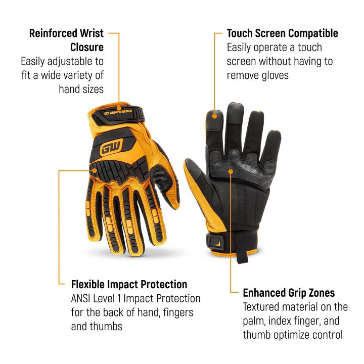 Image explaining the benefits of the High Performance Work Gloves reinforced wrist closure, touch screen compatibility, flexible impact protection and enhanced grip zones.