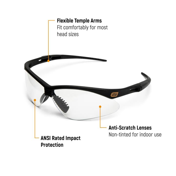 Images explaining the benefits of the Black Frame Safety Glasses flexible temple arms, ANSI rated impact protection and anti scratch lenses