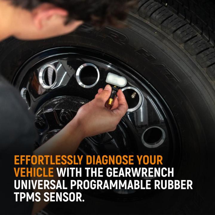 Image of the Universal Programmable Rubber TPMS Sensor with text on imaging stating effortlessly diagnose your vehicle with the GEARWRENCH Universal programmable rubber pms sensor.