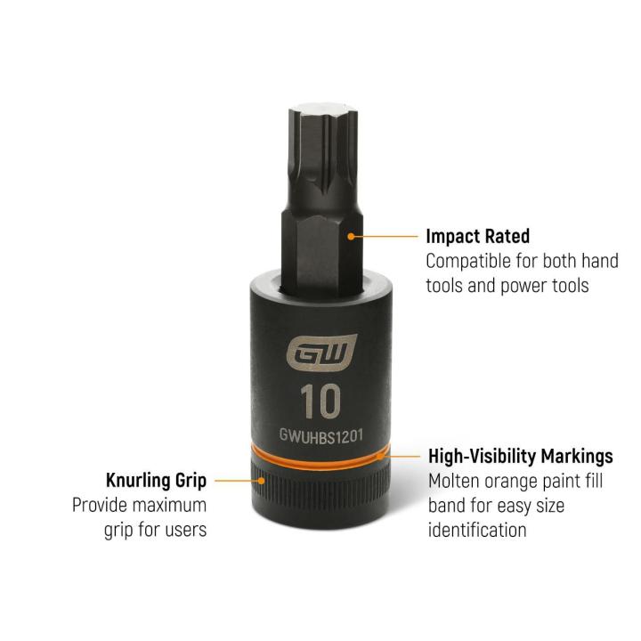 Text on image of the GEARWRENCH Metric 1/2" Drive Impact Bi-directional Hex Bit Socket pointing out that the socket is impact rated, has a knurling grip providing maximum grip for users and high visibility markings for easy size identification