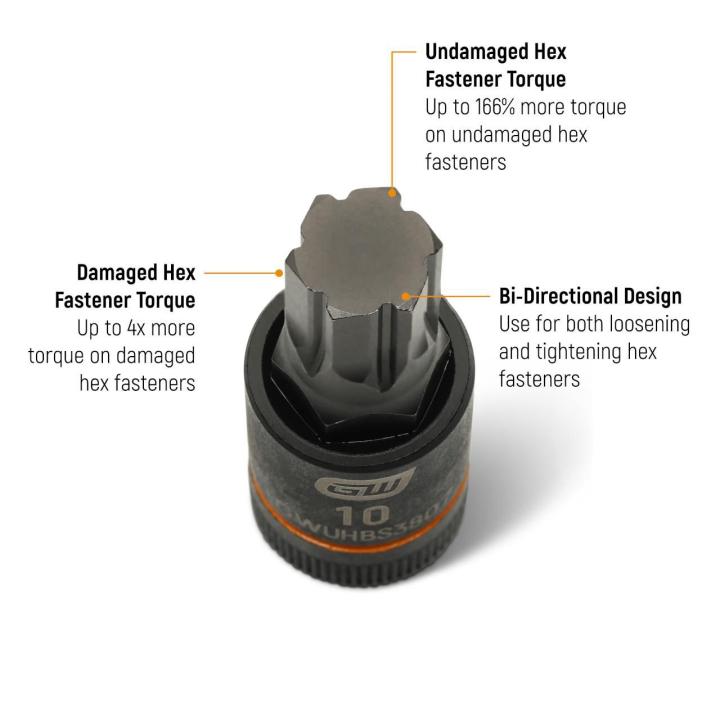 Text on image of the GEARWRENCH Metric 3/8" Drive Impact Bi-directional Hex Bit Socket explaining it has 4x more torque on damaged fasteners, up to 166% more torque on undamaged fasteners and can be used for loosening and tightening fasteners.