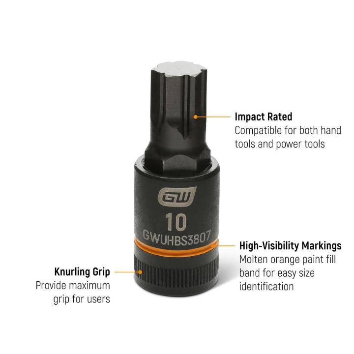 Text on image of the GEARWRENCH Metric 3/8" Drive Impact Bi-directional Hex Bit Socket pointing out that the socket is impact rated, has a knurling grip providing maximum grip for users and high visibility markings for easy size identification