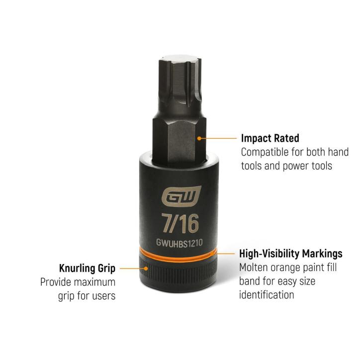 Text on image of the GEARWRENCH SAE 1/2" Drive Impact Bi-directional Hex Bit Socket pointing out that the socket is impact rated, has a knurling grip providing maximum grip for users and high visibility markings for easy size identification