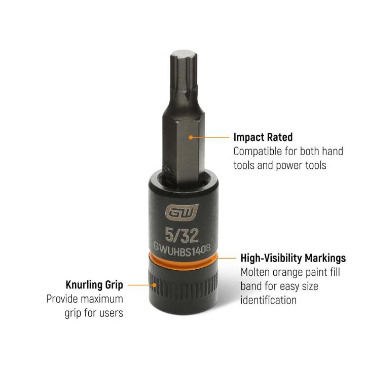 Text on image of the GEARWRENCH SAE 1/4" Drive Impact Bi-directional Hex Bit Socket pointing out that the socket is impact rated, has a knurling grip providing maximum grip for users and high visibility markings for easy size identification