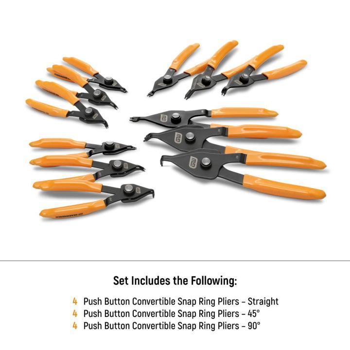 12 Piece Convertible Push Button Snap Ring Pliers Set