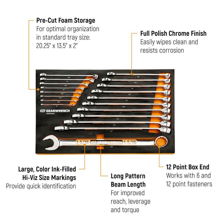 19 Pc 12 Pt Hi-Viz Long Pattern SAE Wrench Set