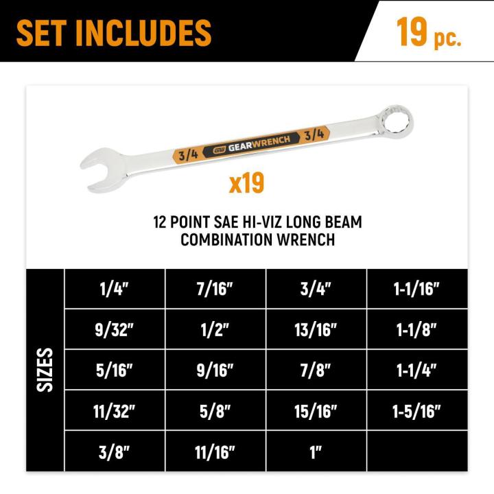 19 Pc 12 Pt Hi-Viz Long Pattern SAE Wrench Set