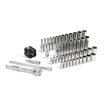 Image of the 51 Piece 1/4 Drive 6 Point Standard and Deep SAE/Metric Mechanics Tool Set on a white background showcasing the ratchet, sockets and extensions.