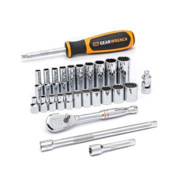 Image of the  GEARWRENCH  80313 47 Piece 1/4 Drive 6 Point Standard & Deep SAE/Metric Socket Set on a white background showcasing the ratchet, sockets and extensions.