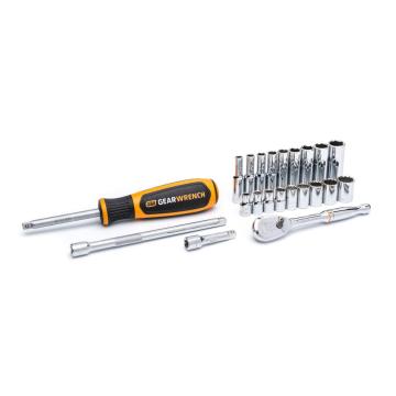 Image of the  GEARWRENCH  80325 14 Piece 1/4 Drive 6 Point Metric Mechanics Tool Set on a white background showcasing the ratchet, sockets and extensions.