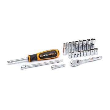 Image of the  GEARWRENCH  80327 57 Piece 3/8 Drive 6 Point Standard & Deep SAE/Metric Mechanics Tool Set on a white background showcasing the ratchet, sockets, extensions & 1/4 driver.