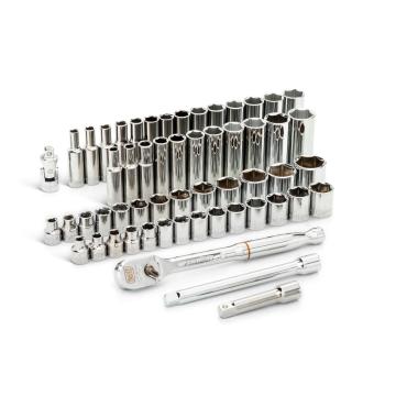 Image of the  GEARWRENCH  80550 57 Piece 3/8 Drive 12 Point Standard & Deep SAE/Metric Mechanics Tool Set on a white background showcasing the ratchets, sockets and extensions.