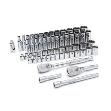 Image of the  GEARWRENCH  80551 12 Piece 3/8 Drive 6 Point Standard SAE Mechanics Tool Set on a white background showcasing the ratchet, sockets and extensions.