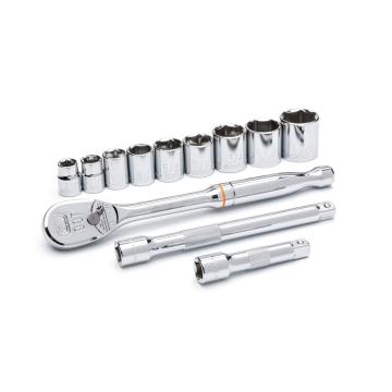 Image of the  GEARWRENCH  80556 21 Piece 3/8 Drive 6 & 12 Point Standard & Deep SAE Mechanics Tool Set on a white background showcasing the ratchet, sockets and extensions.